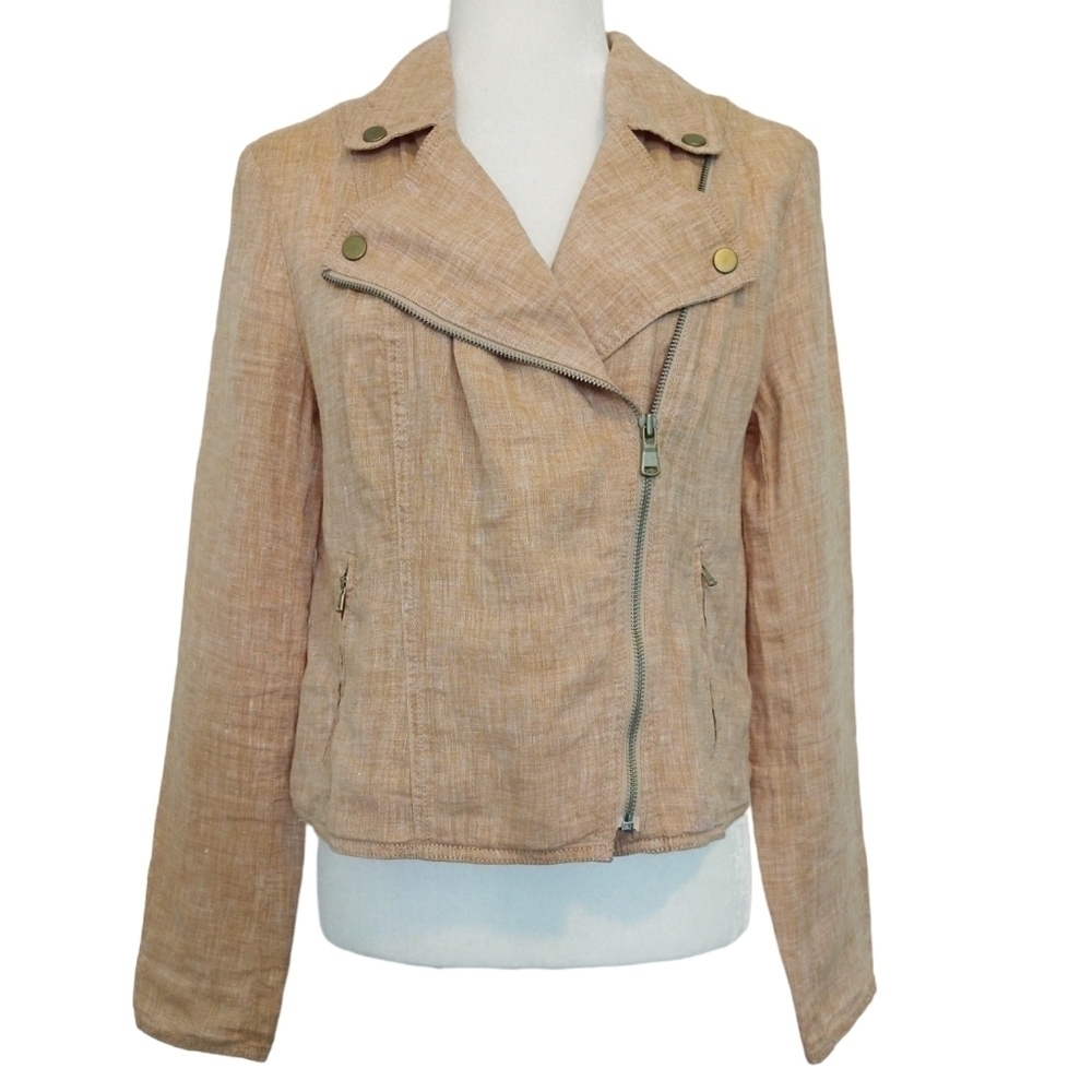 Lou & Grey 100% Linen Orange Pink Salmon Blush Moto Cropped Jacket Modern
